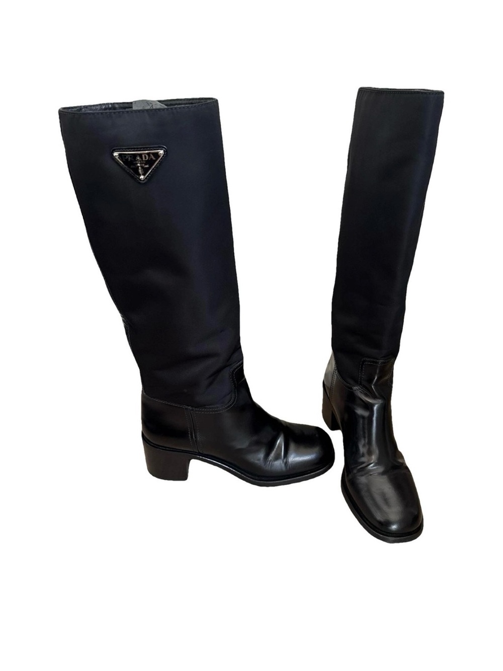 Prada Black Leather and Nylon Knee-High Boots